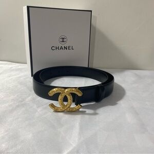 CHANEL Black Belt with Gold Logo